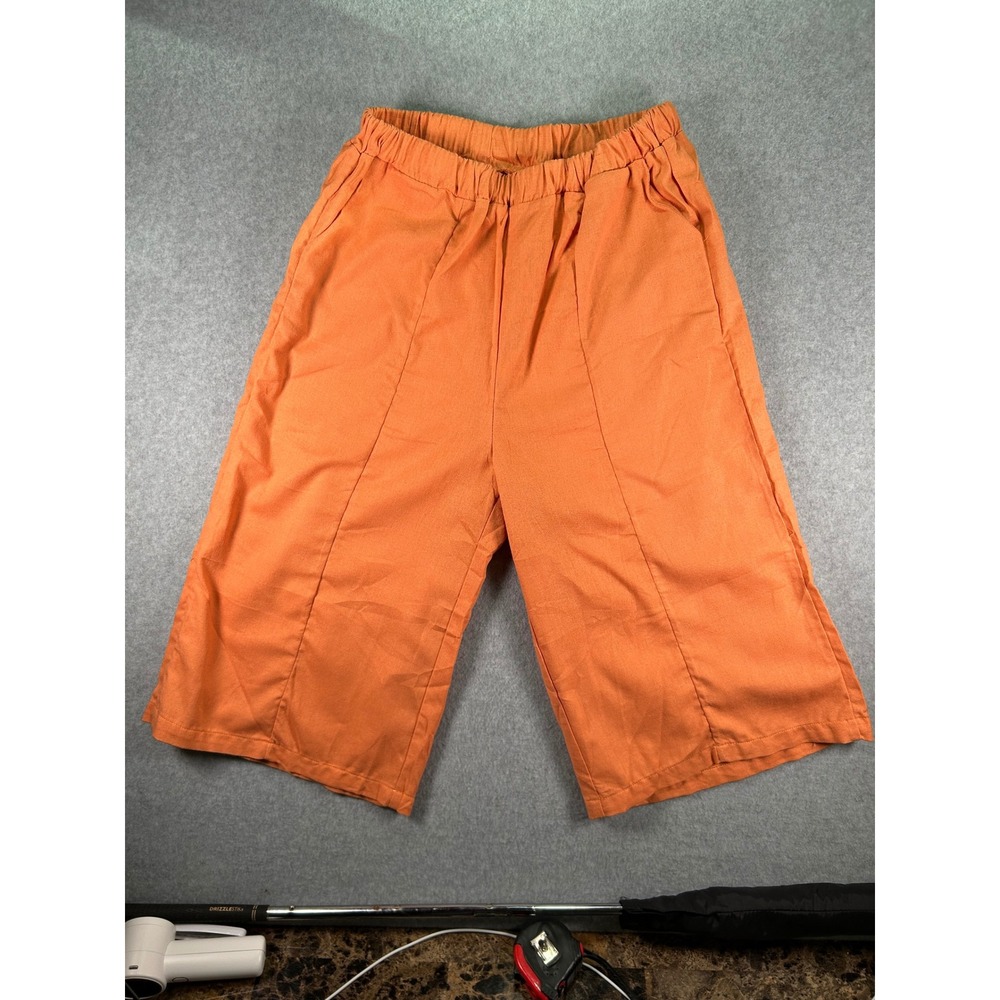 Women's Orange Wide Leg Cropped Pants Culottes Elastic Waist Front Seam XS